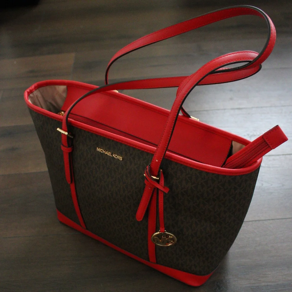 Michael Kors Red Trim Signature Tote Bag - Picture 4 of 11